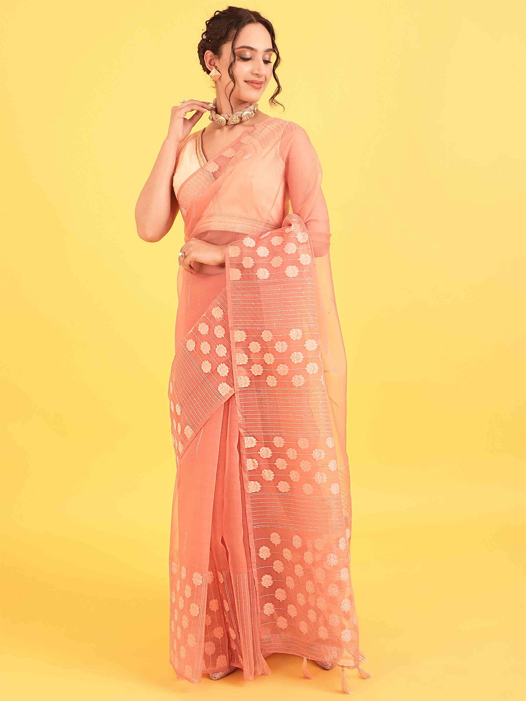 

elora Floral Printed Organza Bhagalpuri Saree, Peach