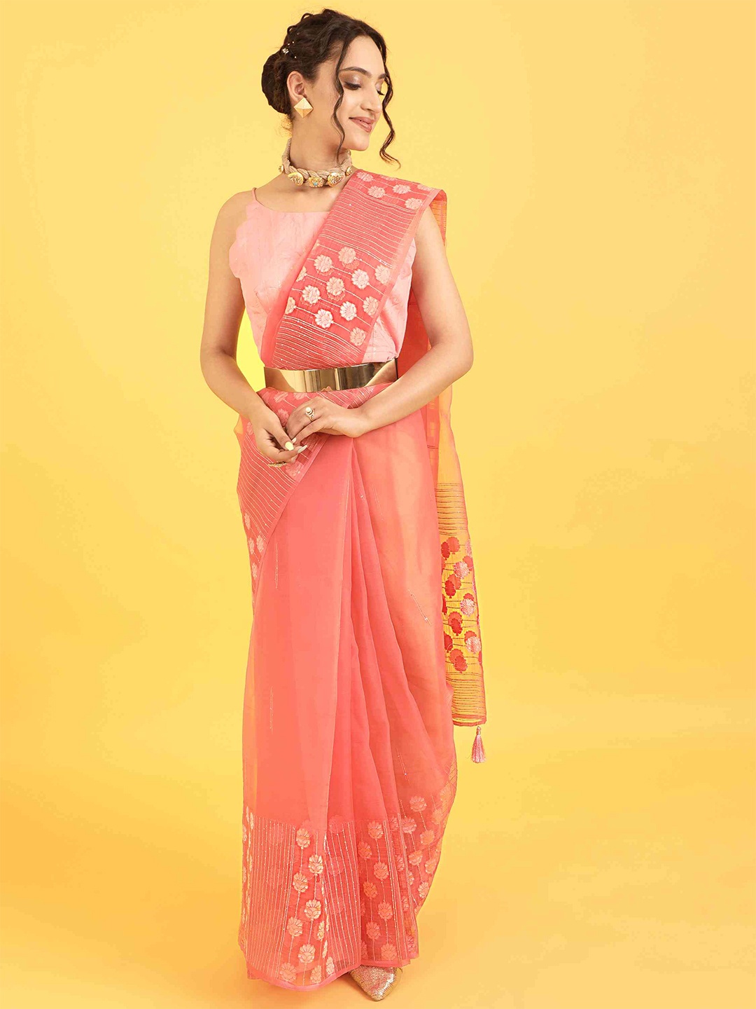 

elora Floral Zari Organza Bhagalpuri Saree With Tassle, Pink