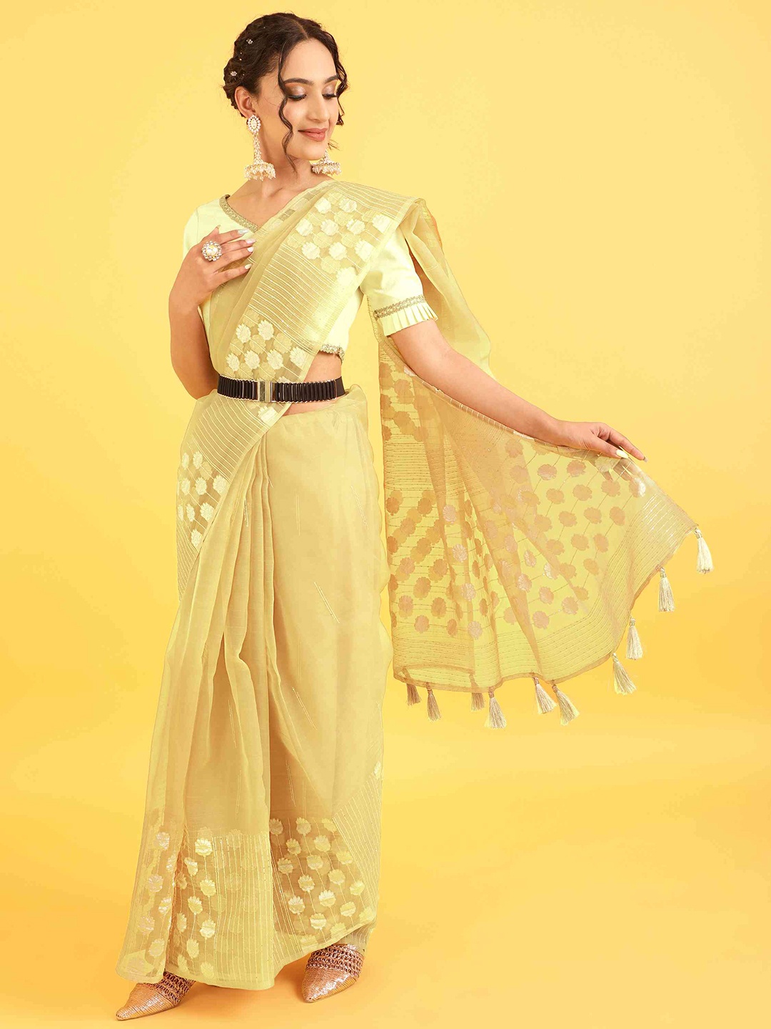 elora Floral Zari Organza Bhagalpuri Saree, Yellow