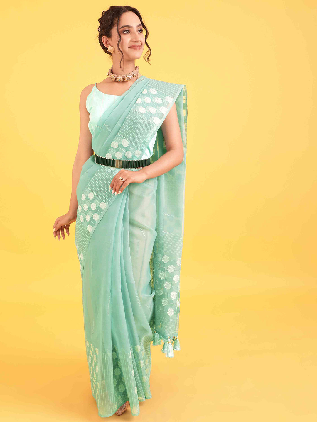 

elora Floral Zari Organza Bhagalpuri Saree, Blue