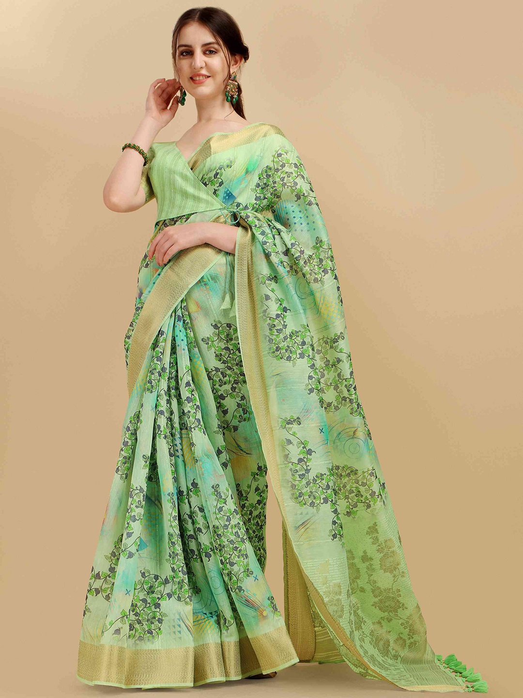 

elora Floral Printed Zari Bhagalpuri Saree, Green