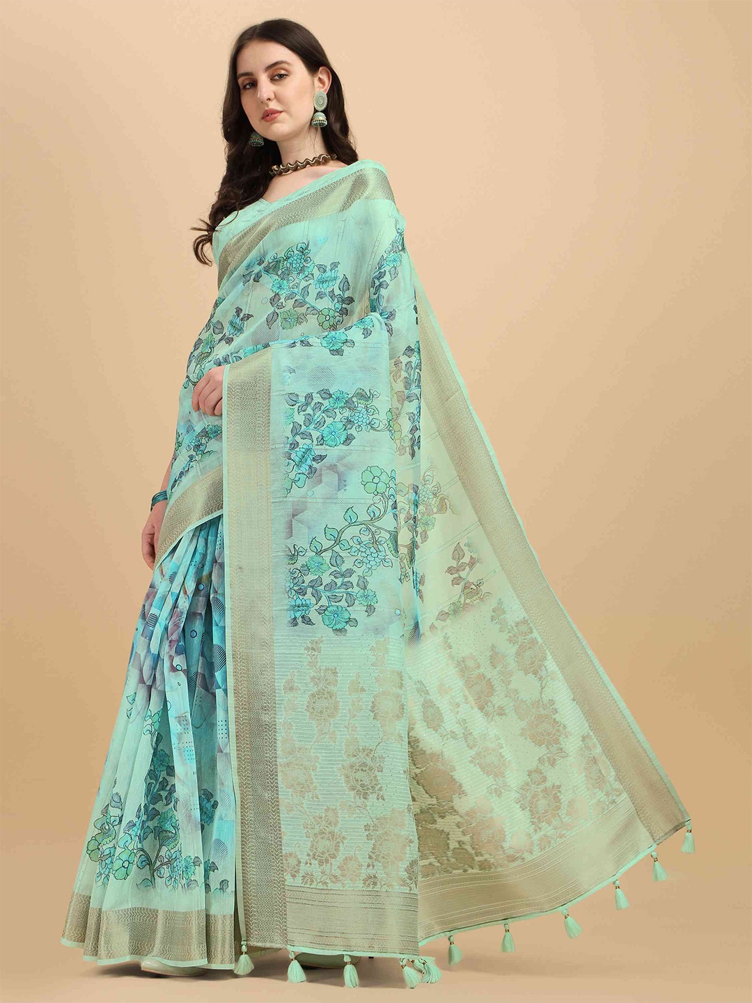 

elora Floral Printed Zari Pure Cotton Saree, Sea green