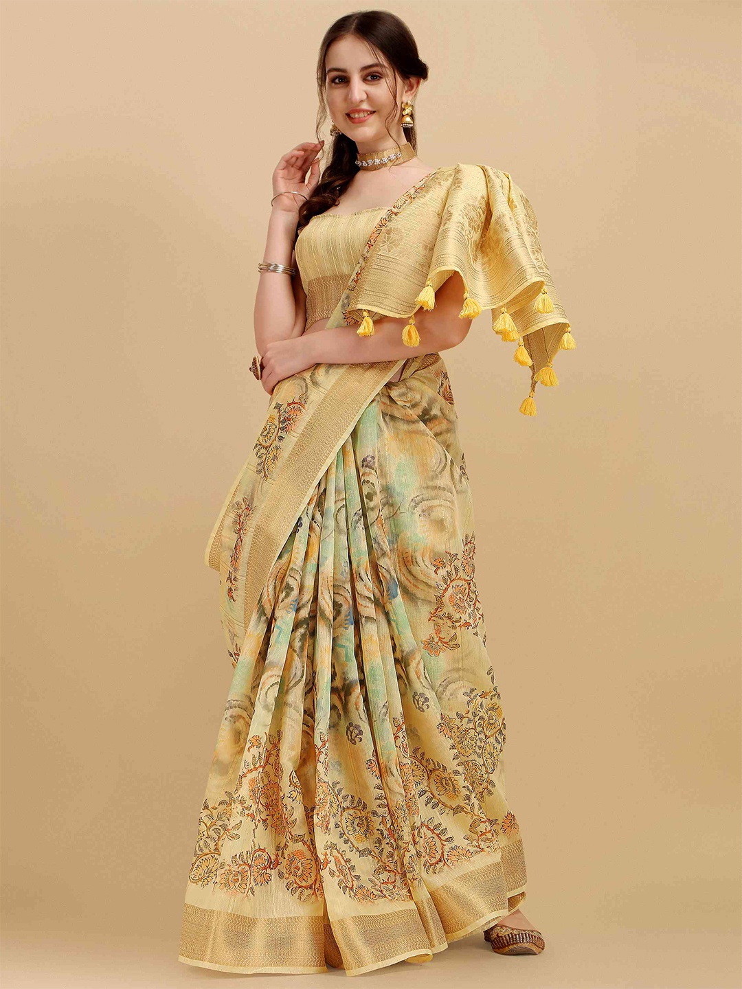 

elora Floral Zari Pure Cotton Bhagalpuri Saree, Yellow