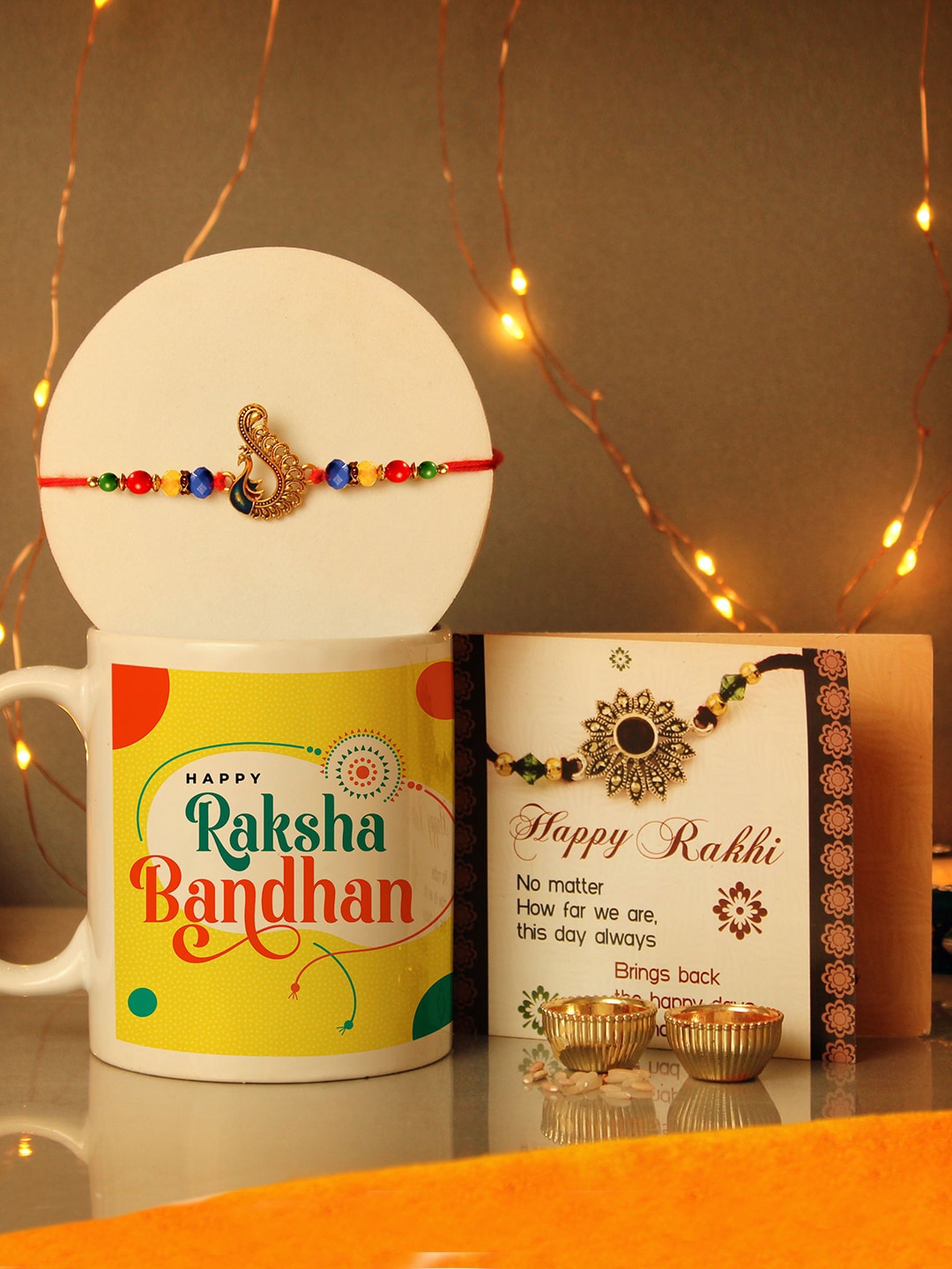 

TIED RIBBONS Peacock Rakhi for Brother with Coffee Mug & Card Gift Set, Multi