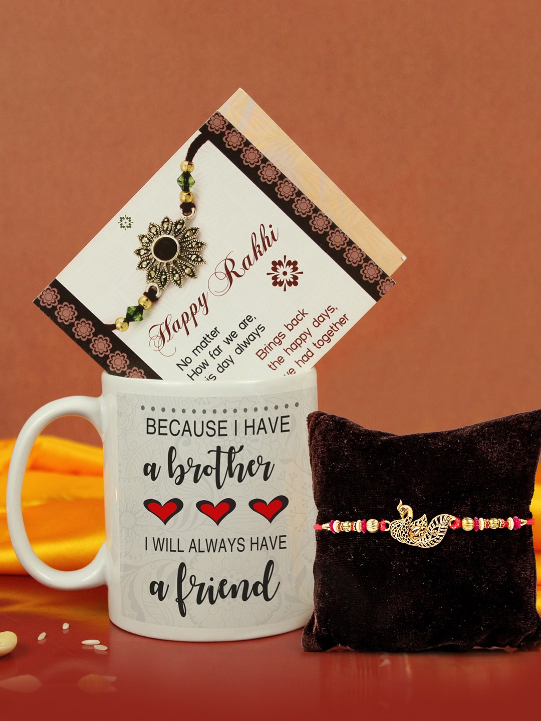 

TIED RIBBONS Peacock Rakhi with Coffee Mug & Card Gift Set, Multi