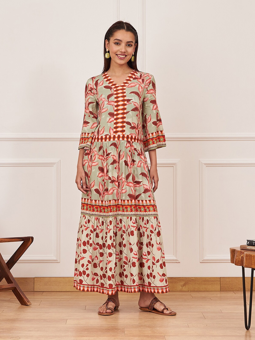 

Rustorange Floral Printed Tiered Gathered Detail A-Line Maxi Dress, Green
