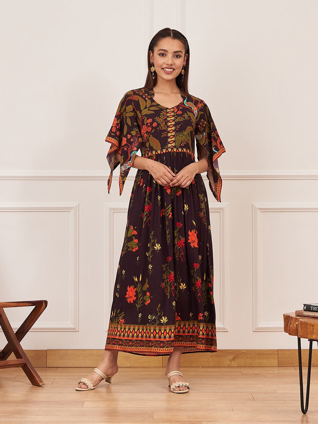 

Rustorange Floral Printed Flutter Sleeves Gathered Detail Fit & flare Ethnic Dress, Brown