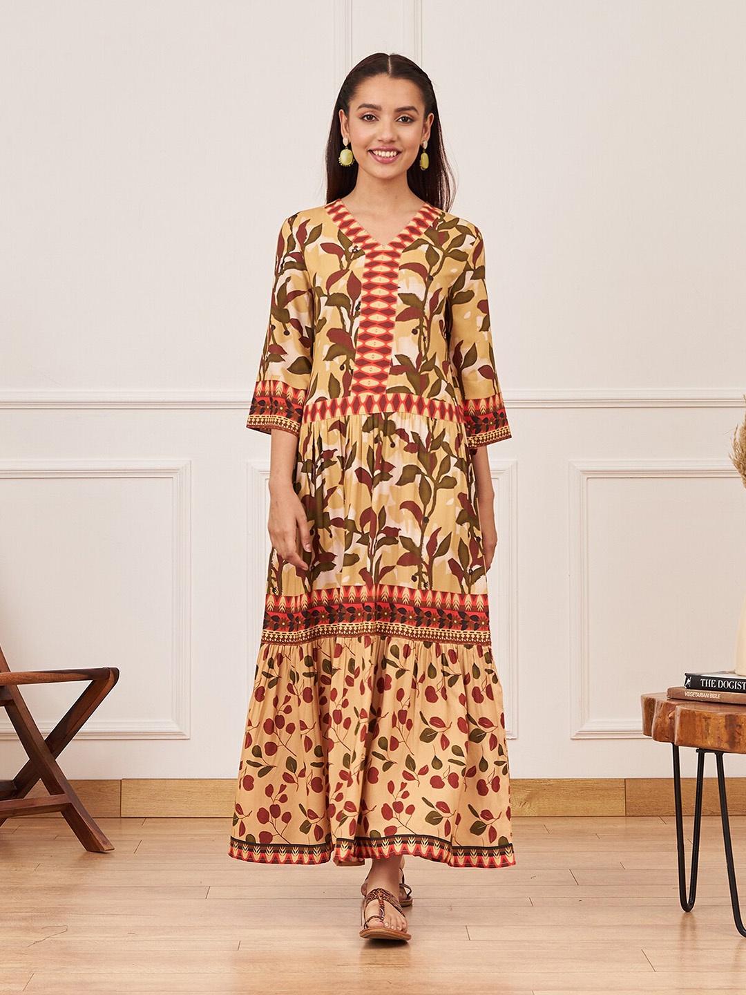 

Rustorange Floral Printed Tiered Gathered Detail A-Line Ethnic Dress, Yellow