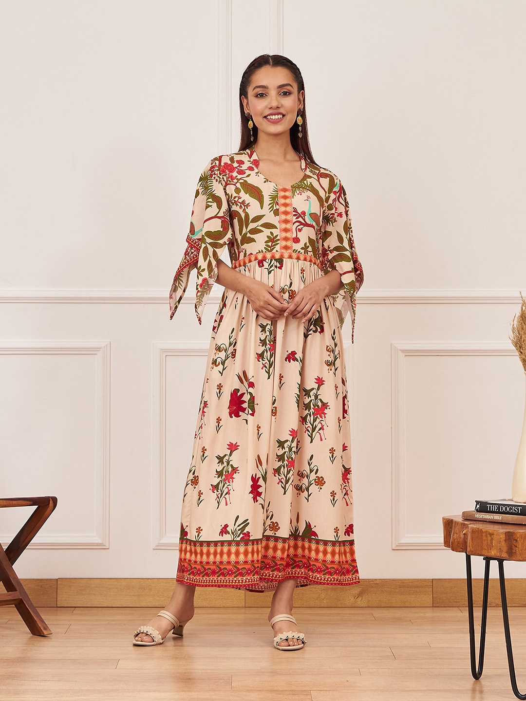 

Rustorange Floral Printed Flutter Sleeves Gathered Detail Fit & Flare Dress, Beige