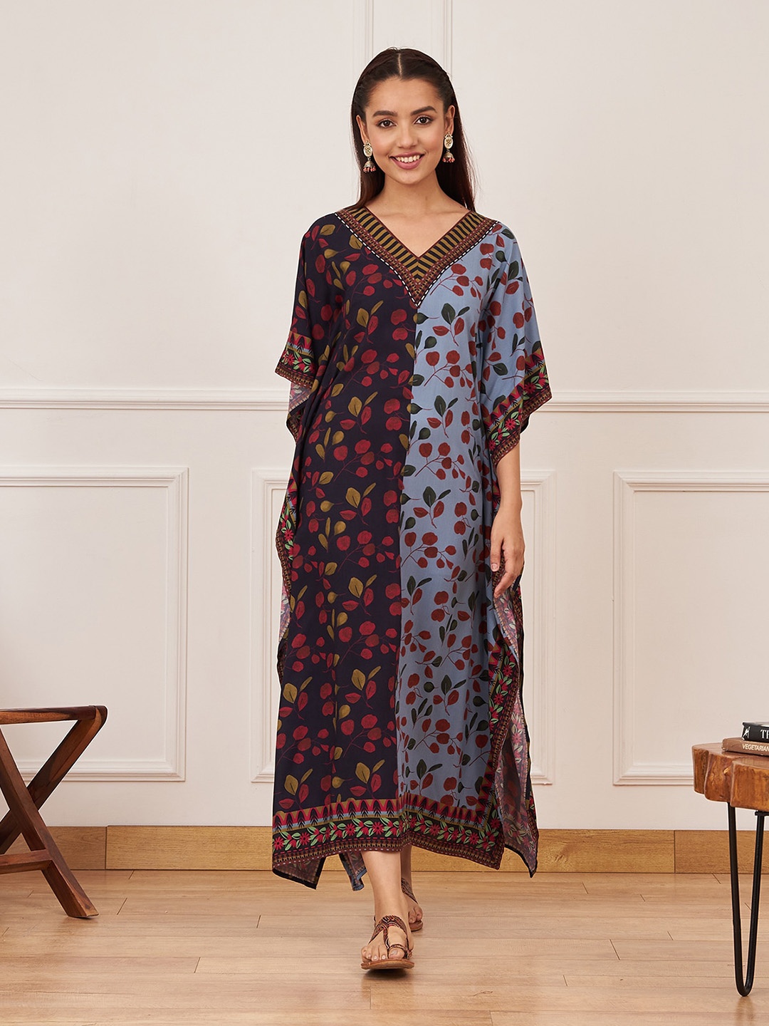 

Rustorange Floral Printed Kimono Sleeves Kaftan Maxi Dress, Blue