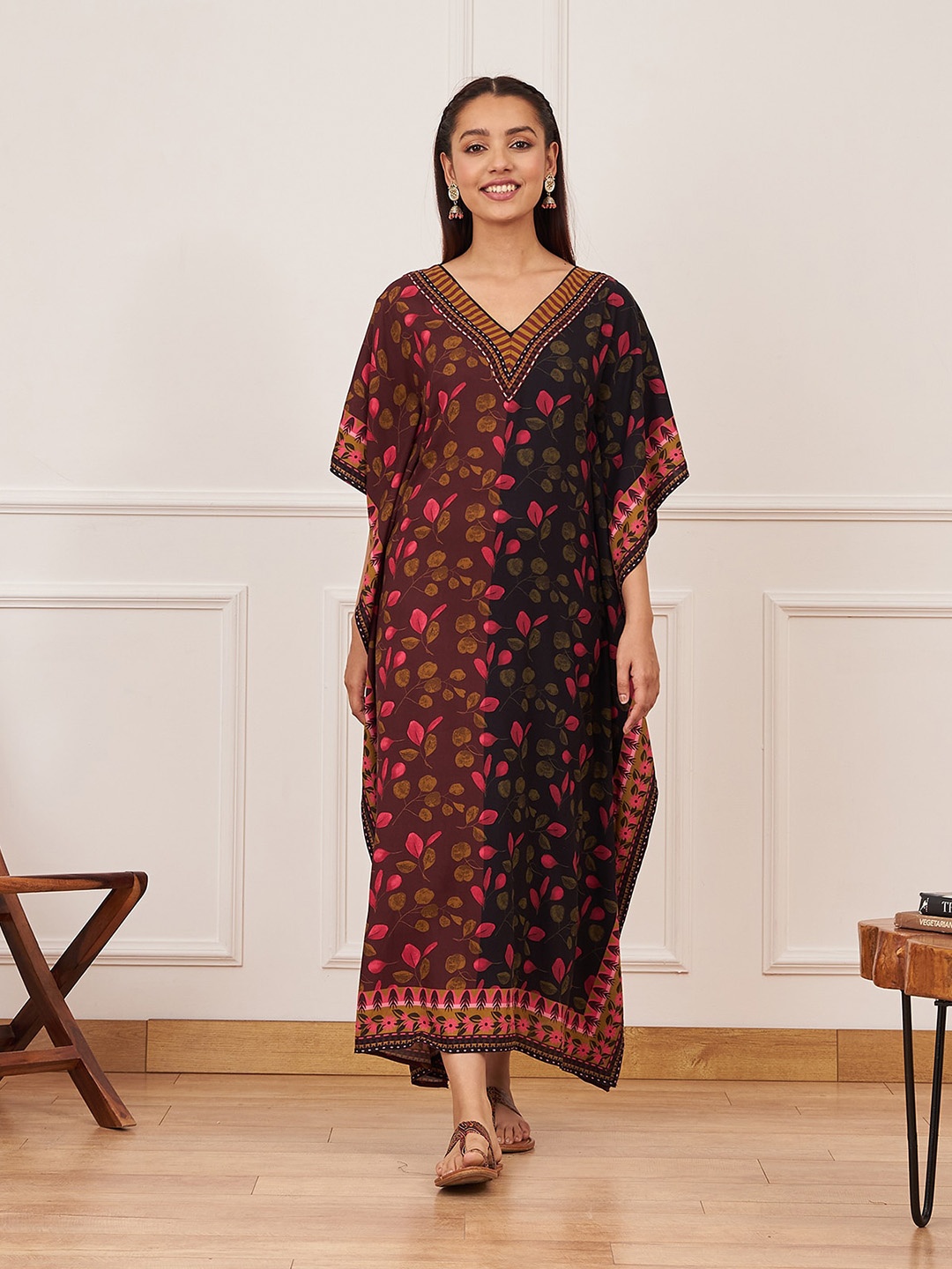 

Rustorange Floral Printed Kimono Sleeves Kaftan Maxi Dress, Brown