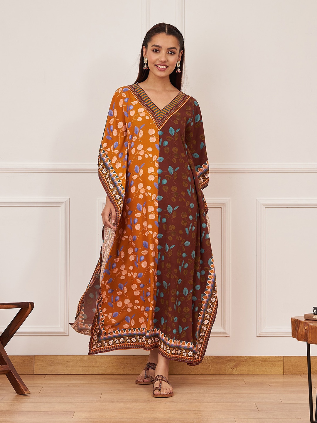 

Rustorange Floral Printed Kimono Sleeves Kaftan Maxi Dress, Mustard
