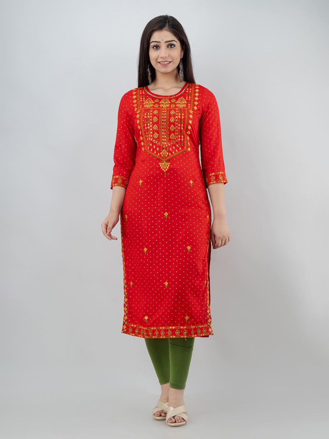 

KALINI Ethnic Motifs Embroidered Straight Kurta, Red