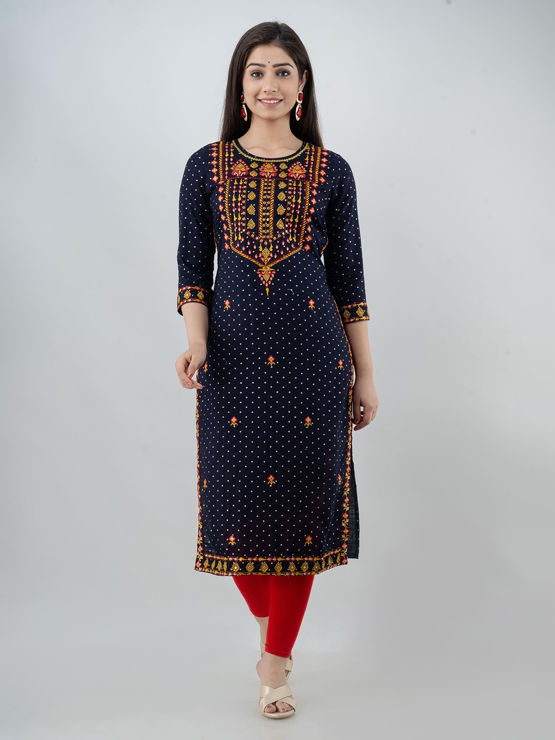 

KALINI Ethnic Motifs Embroidered Straight Kurta, Blue