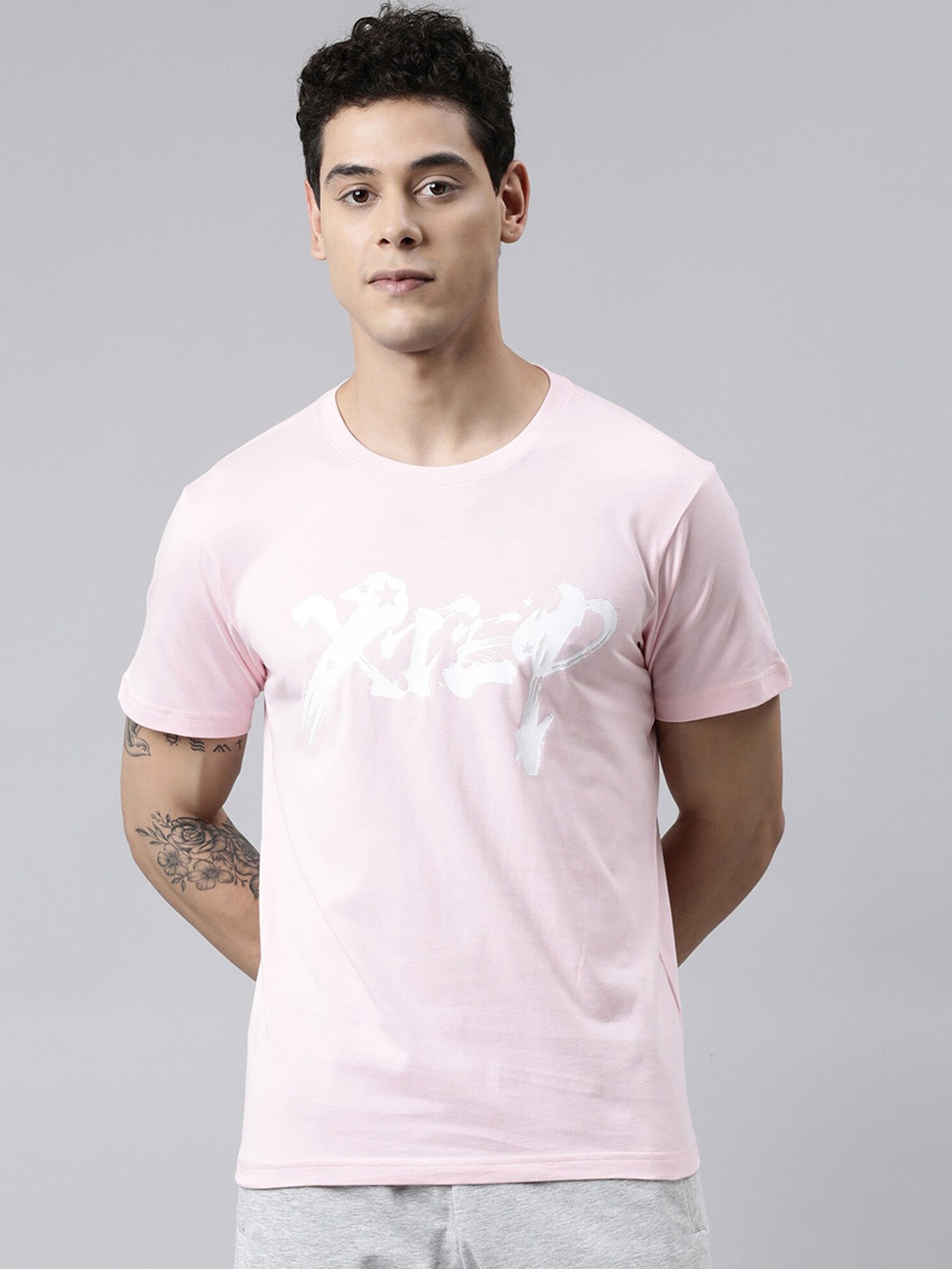 

Xtep Men Typography Printed Knitted Pure Cotton Comfort Basketball Sports T-shirt, Pink