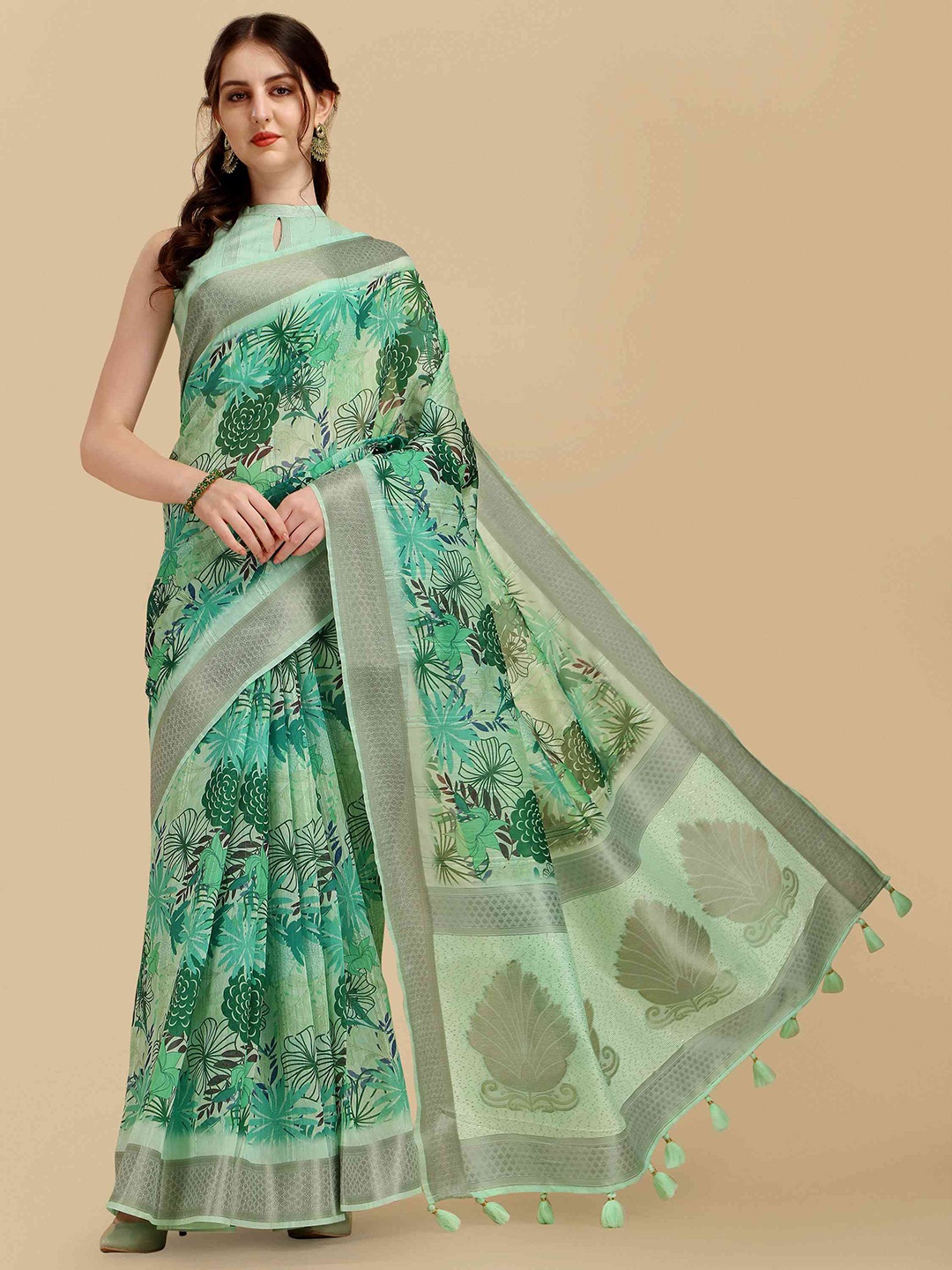 

elora Floral Printed Zari Cotton Silk Bhagalpuri Saree, Green