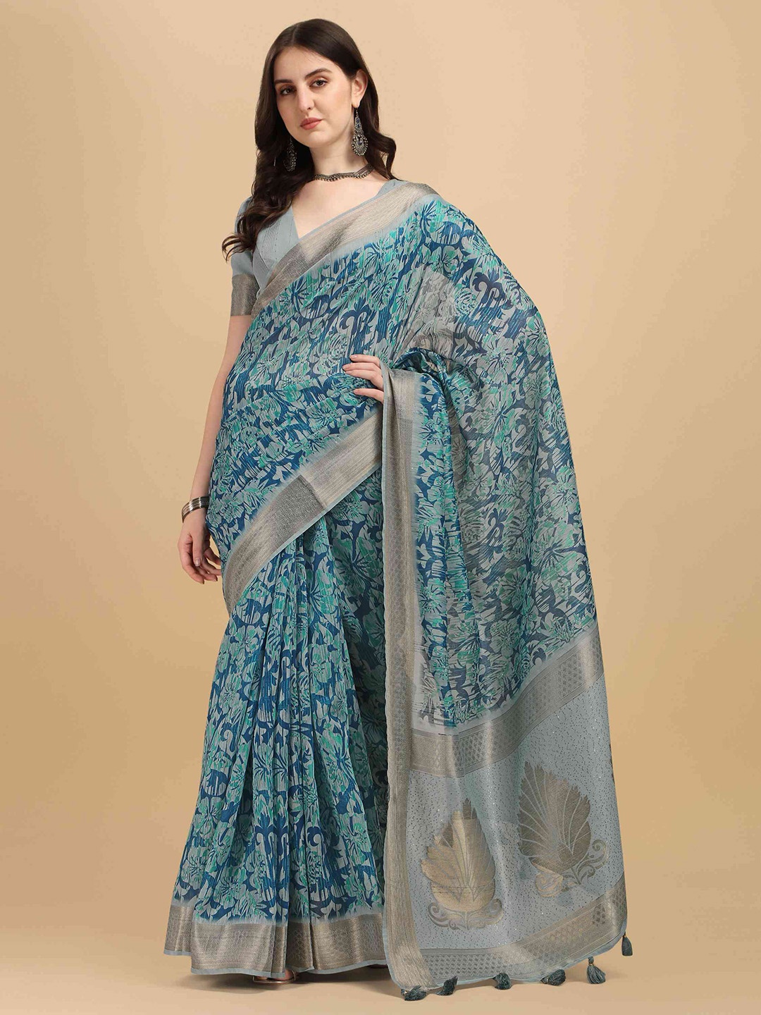 

elora Floral Printed Zari Cotton Silk Bhagalpuri Saree, Grey