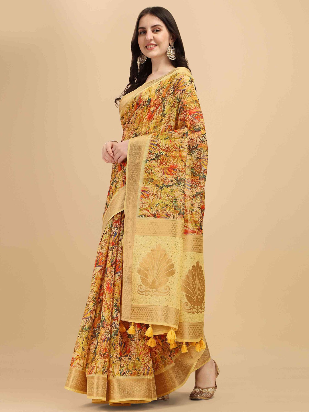 

elora Floral Printed Zari Cotton Silk Bhagalpuri Saree, Yellow