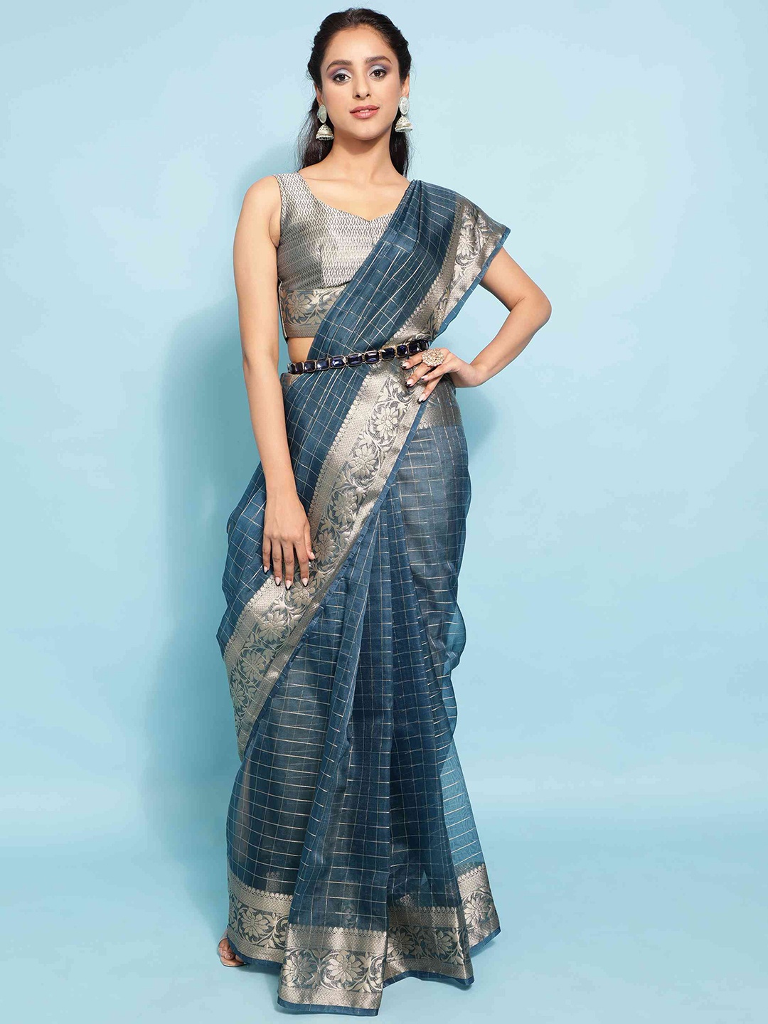 

elora Checked Zari Organza Banarasi Saree, Blue