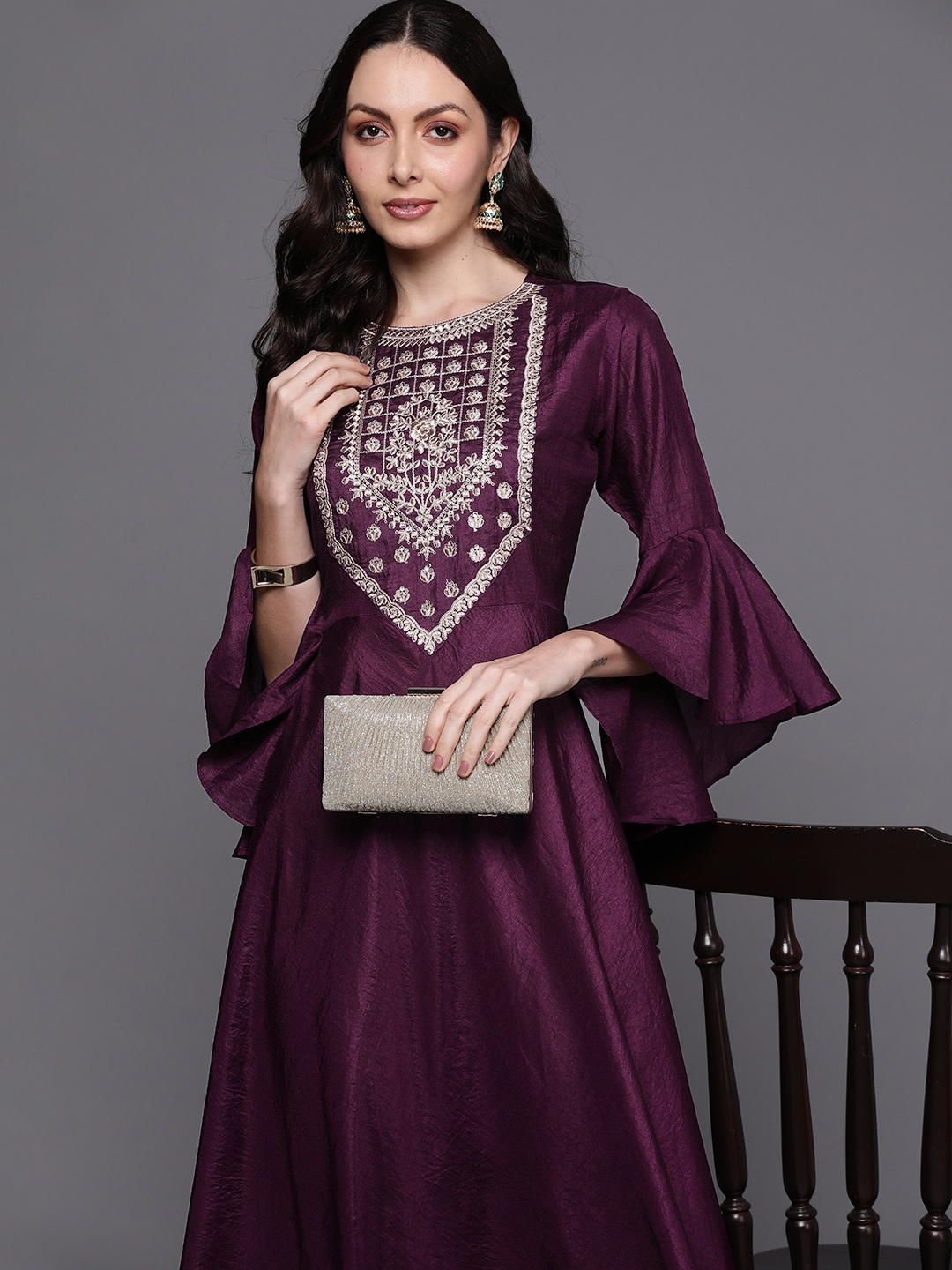 

Indo Era Floral Embroidered Bell Sleeve Maxi Dress, Purple