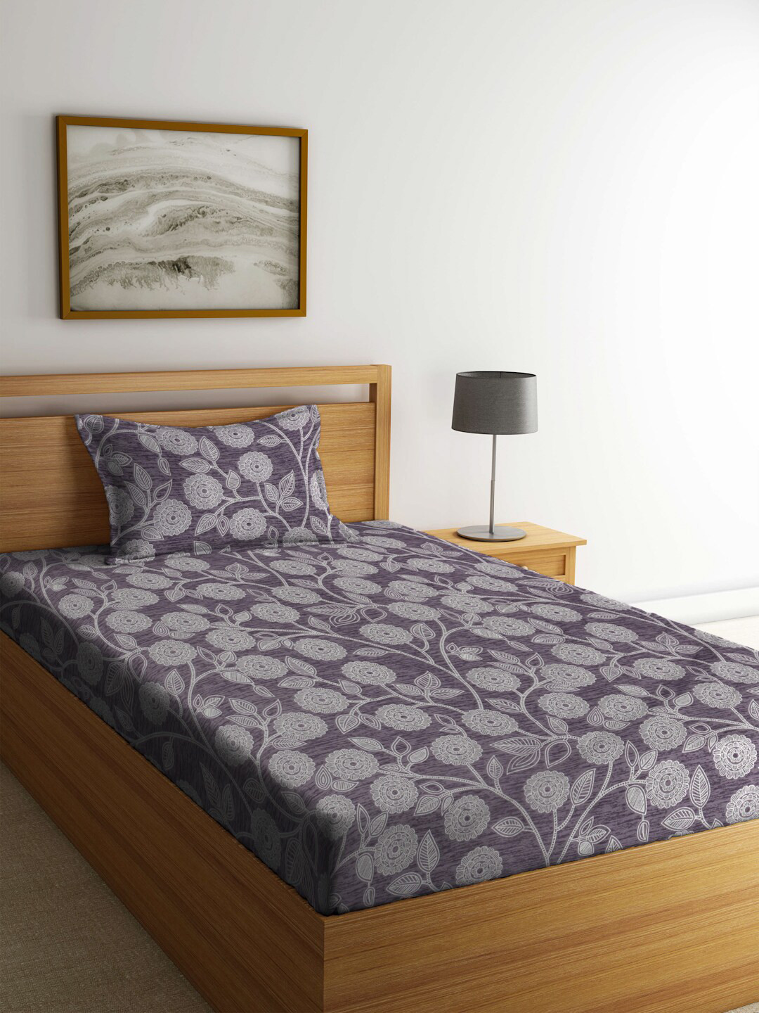 

FABINALIV Purple & Grey Floral 300 TC Fitted Single Bedsheet With Pillow Cover