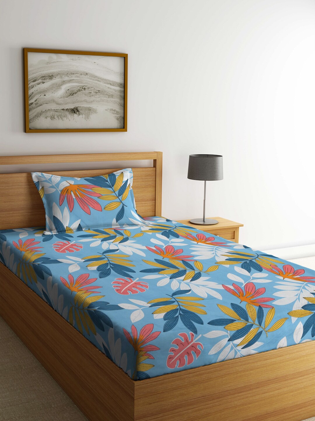 

FABINALIV Blue & Mustard Floral 300 TC Fitted Single Bedsheet With Pillow Cover