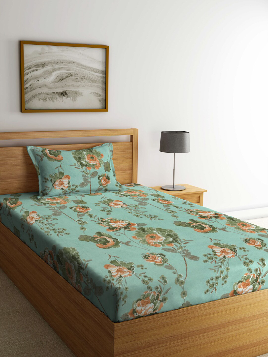 

FABINALIV Green & Brown Floral 300 TC Fitted Single Bedsheet With Pillow Cover