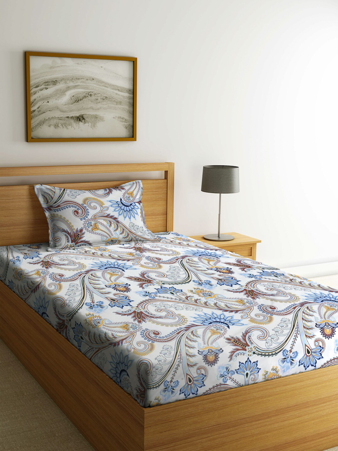 

FABINALIV Blue & White Floral 300 TC Fitted Single Bedsheet With 1 Pillow Cover