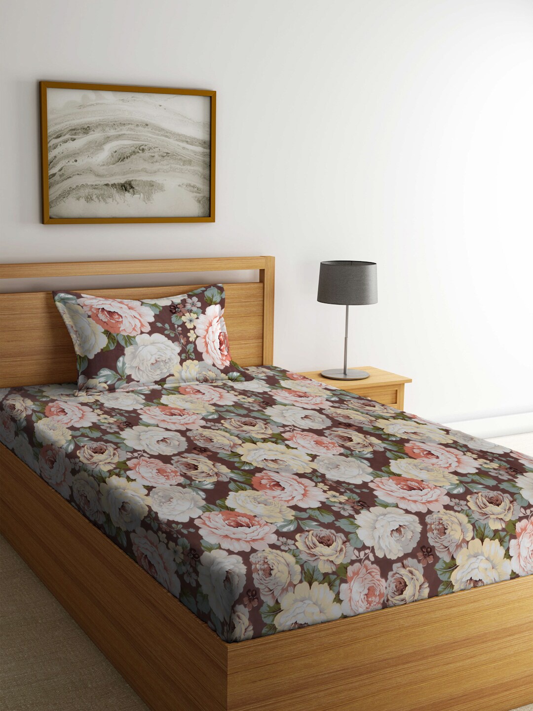 

FABINALIV Maroon & White Floral 300 TC Fitted Single Bedsheet With Pillow Cover