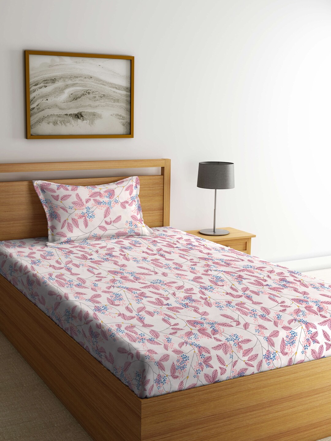 

FABINALIV Pink & White Floral 300 TC Fitted Single Bedsheet With 1 Pillow Cover