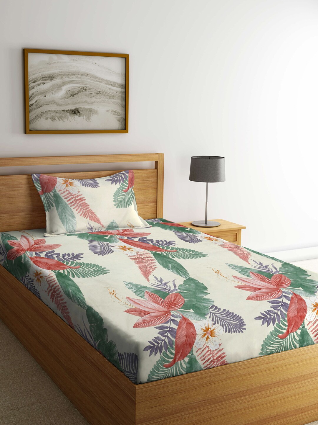 

FABINALIV Green & Red Floral 300 TC Fitted Single Bedsheet With Pillow Cover