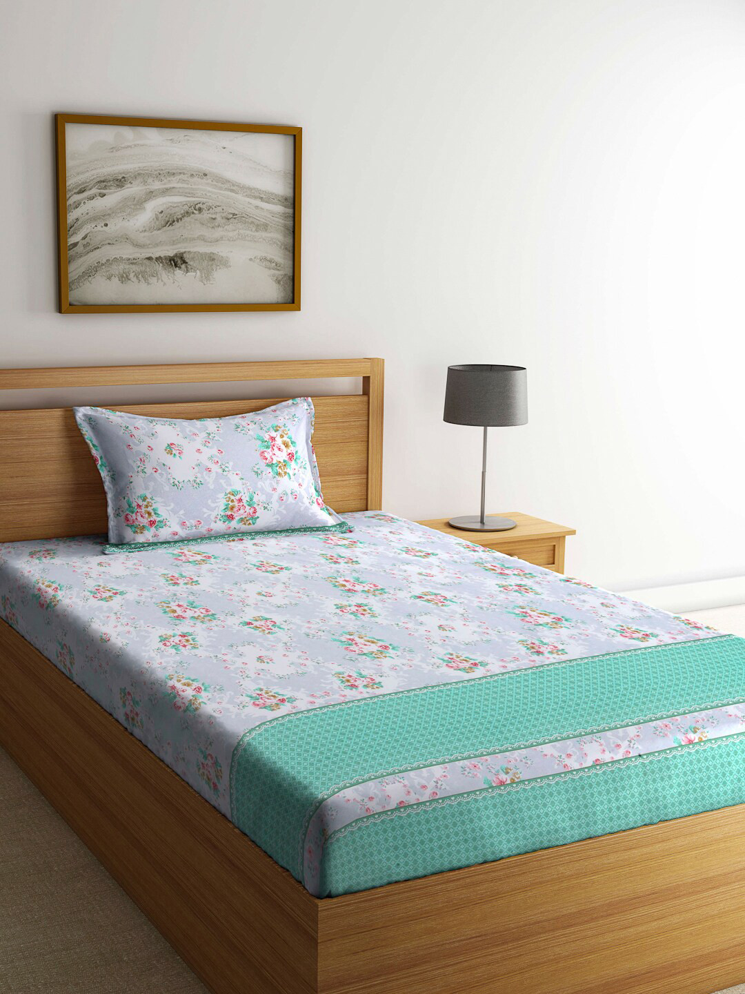 

FABINALIV Blue & Grey Floral 300 TC Fitted Single Bedsheet With 1 Pillow Cover