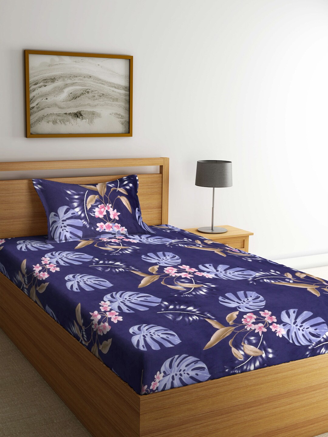 

FABINALIV Blue & Pink Floral 300 TC Fitted Single Bedsheet With 1 Pillow Cover