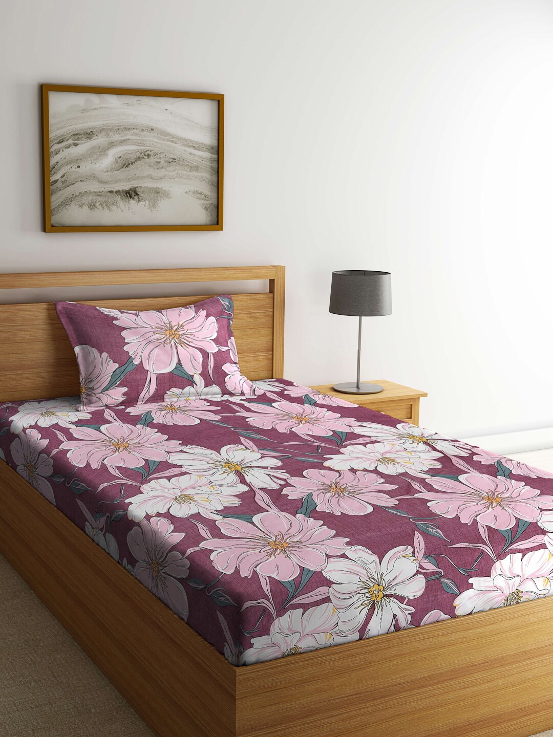 

FABINALIV Magenta & White Floral Fitted 300 TC Single Bedsheet With 1 Pillow Cover