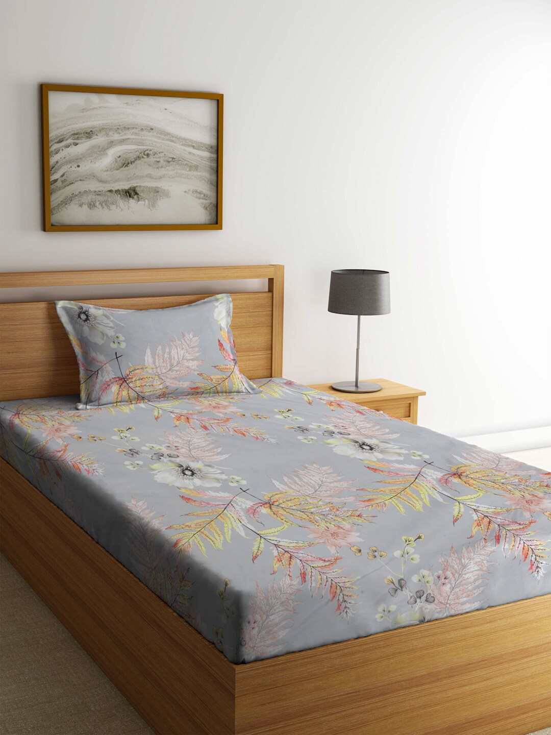 

FABINALIV Grey & White Floral 300 TC Fitted Single Bedsheet With Pillow Cover