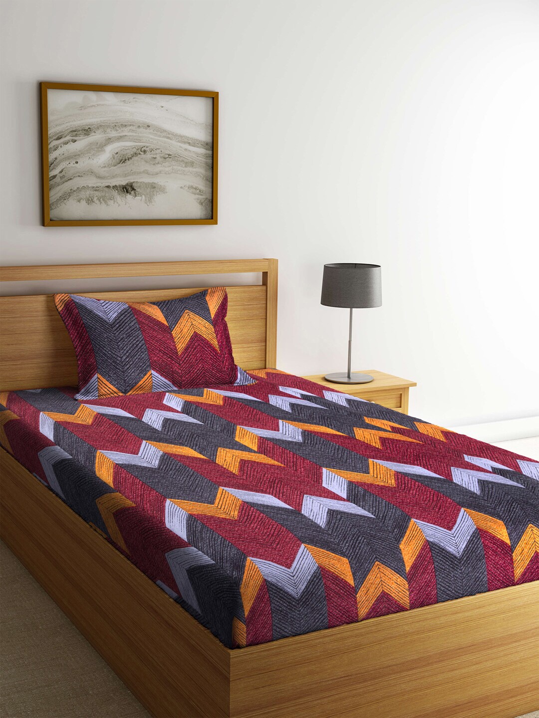 

FABINALIV Grey & Maroon Geometric 300 TC Fitted Single Bedsheet With Pillow Cover