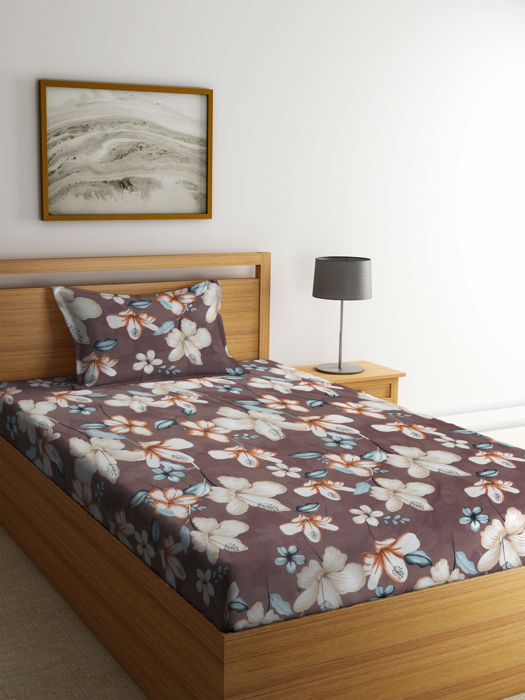 

FABINALIV Brown & White Floral 300 TC Fitted Single Bedsheet With Pillow Cover