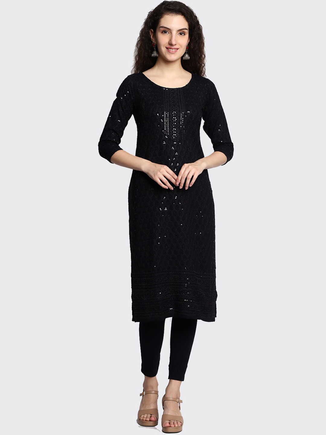 

KALINI Floral Embroidered & Sequin Embellished Straight Kurta, Black