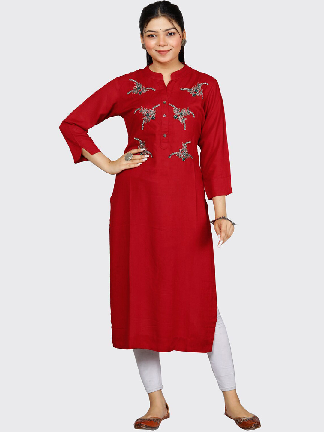 

KALINI Mandarin Collar Floral Embroidered Straight Kurta, Maroon