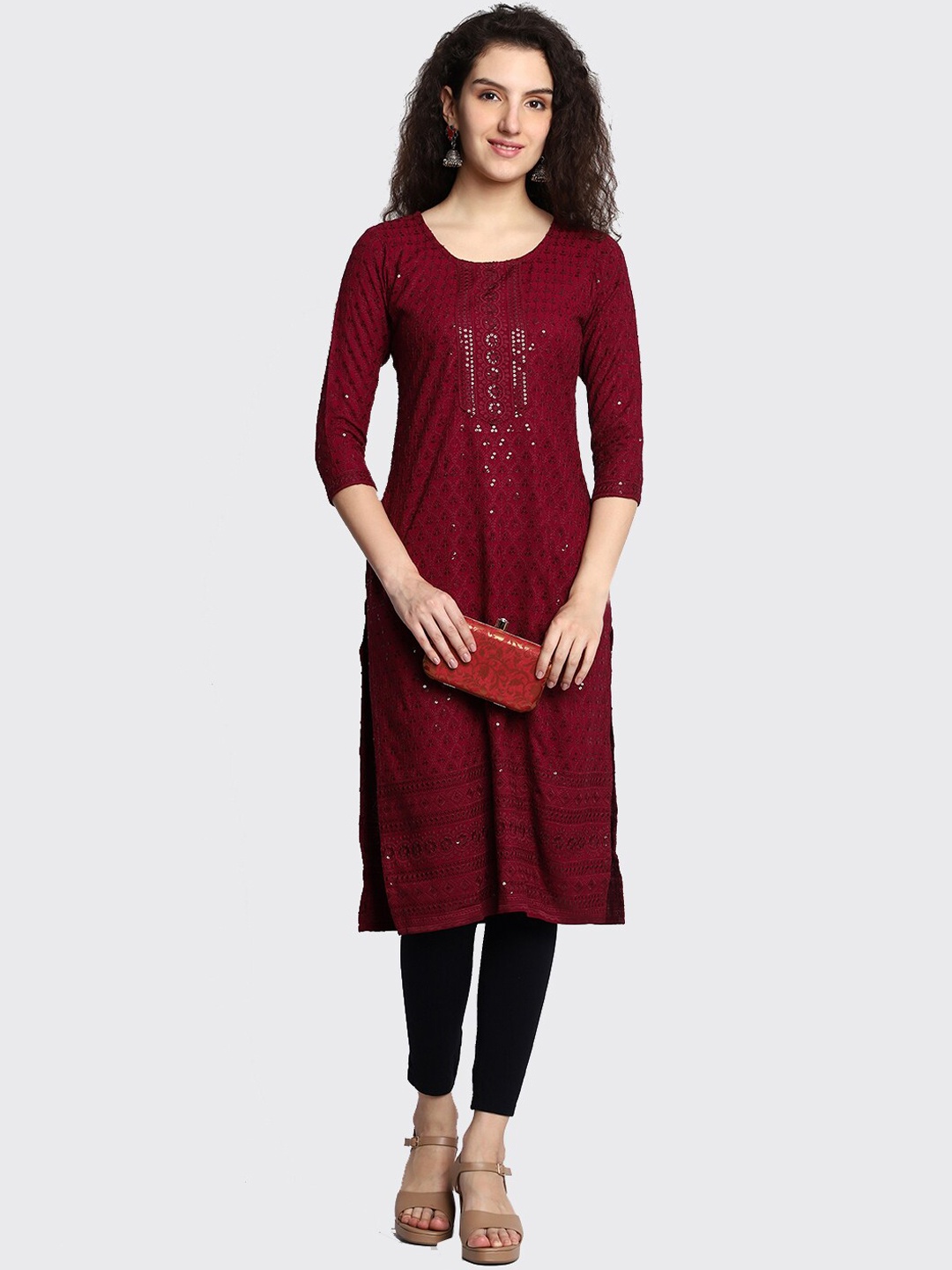

KALINI Floral Embroidered & Sequin Embellished Straight Kurta, Maroon