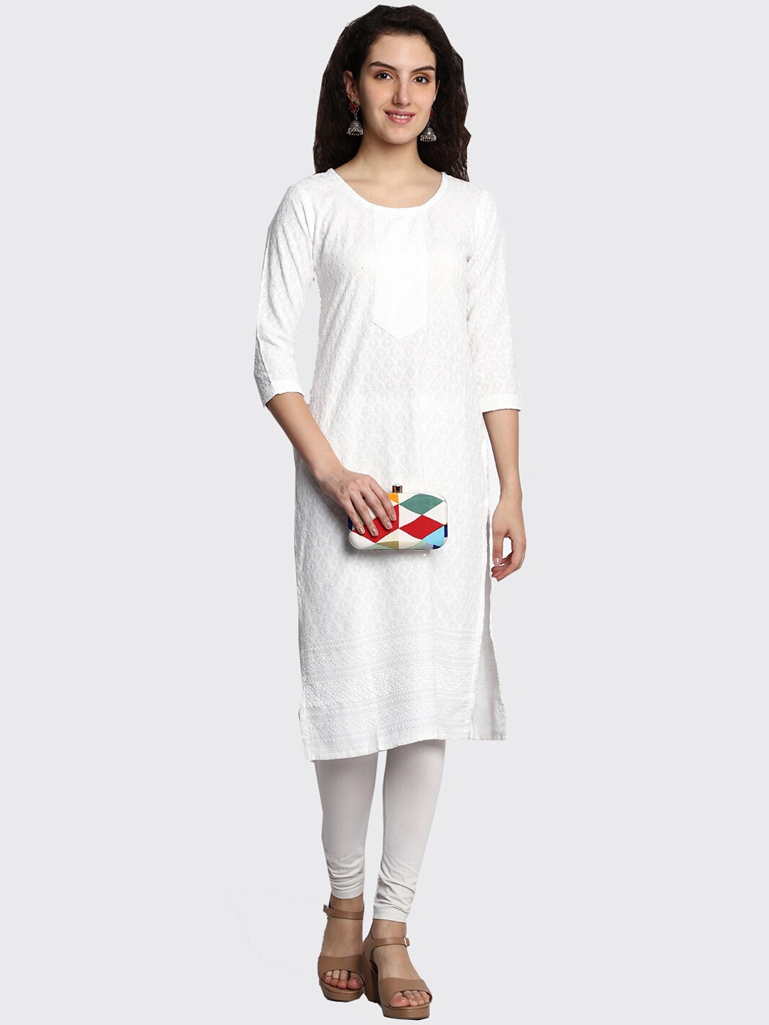 

KALINI Floral Embroidered Straight Kurta, White