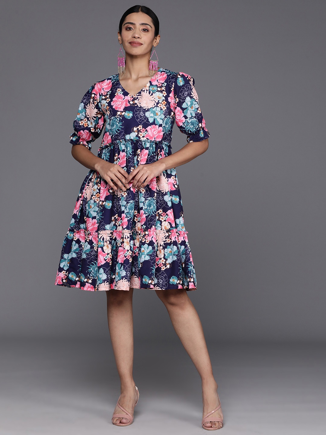 

Varanga Floral Print Puff Sleeves Tiered A-Line Dress, Navy blue