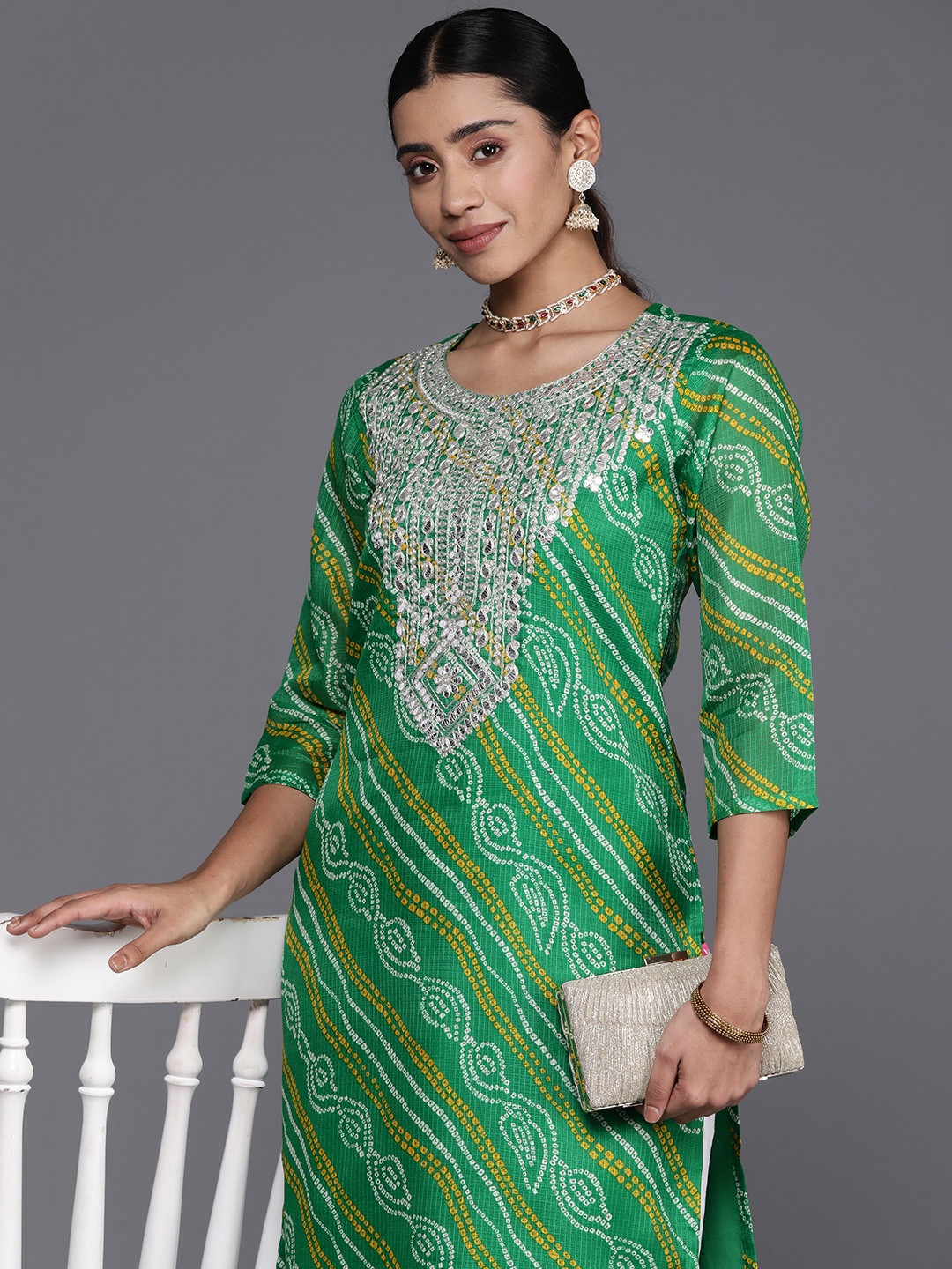

Varanga Women Bandhani Printed Cotton Mirror Work Kurta, Green