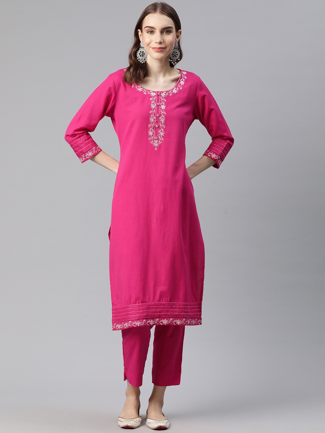 

Readiprint Fashions Women Floral Yoke Design Regular Pure Cotton Kurta with Palazzos, Magenta
