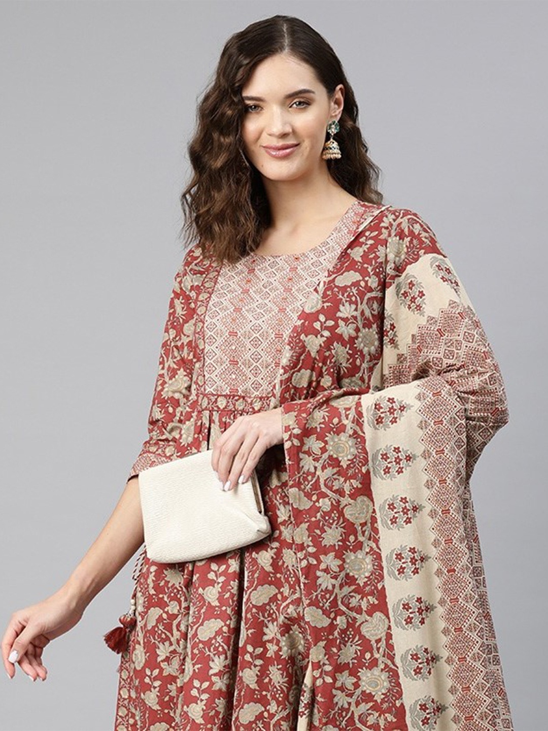 Readiprint Women Floral Printed Mirror Work Kurta with Trousers & With Dupatta, Maroon