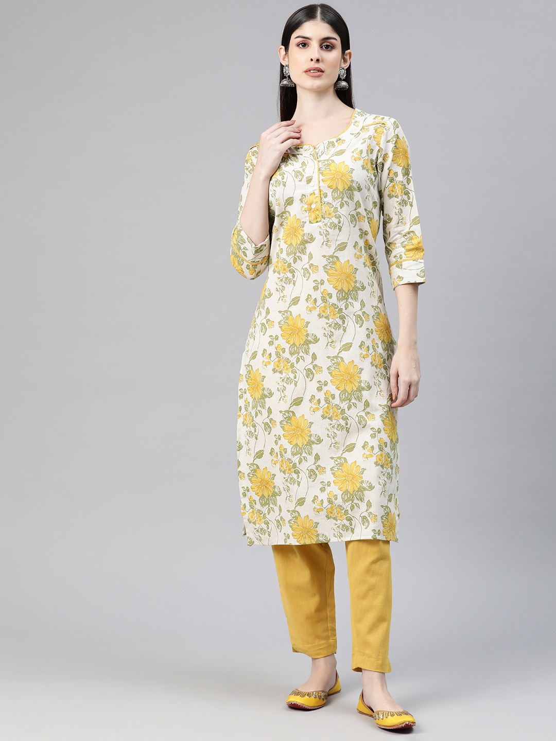 

Readiprint Women Floral Printed Regular Pure Cotton Kurta with Trousers, Yellow
