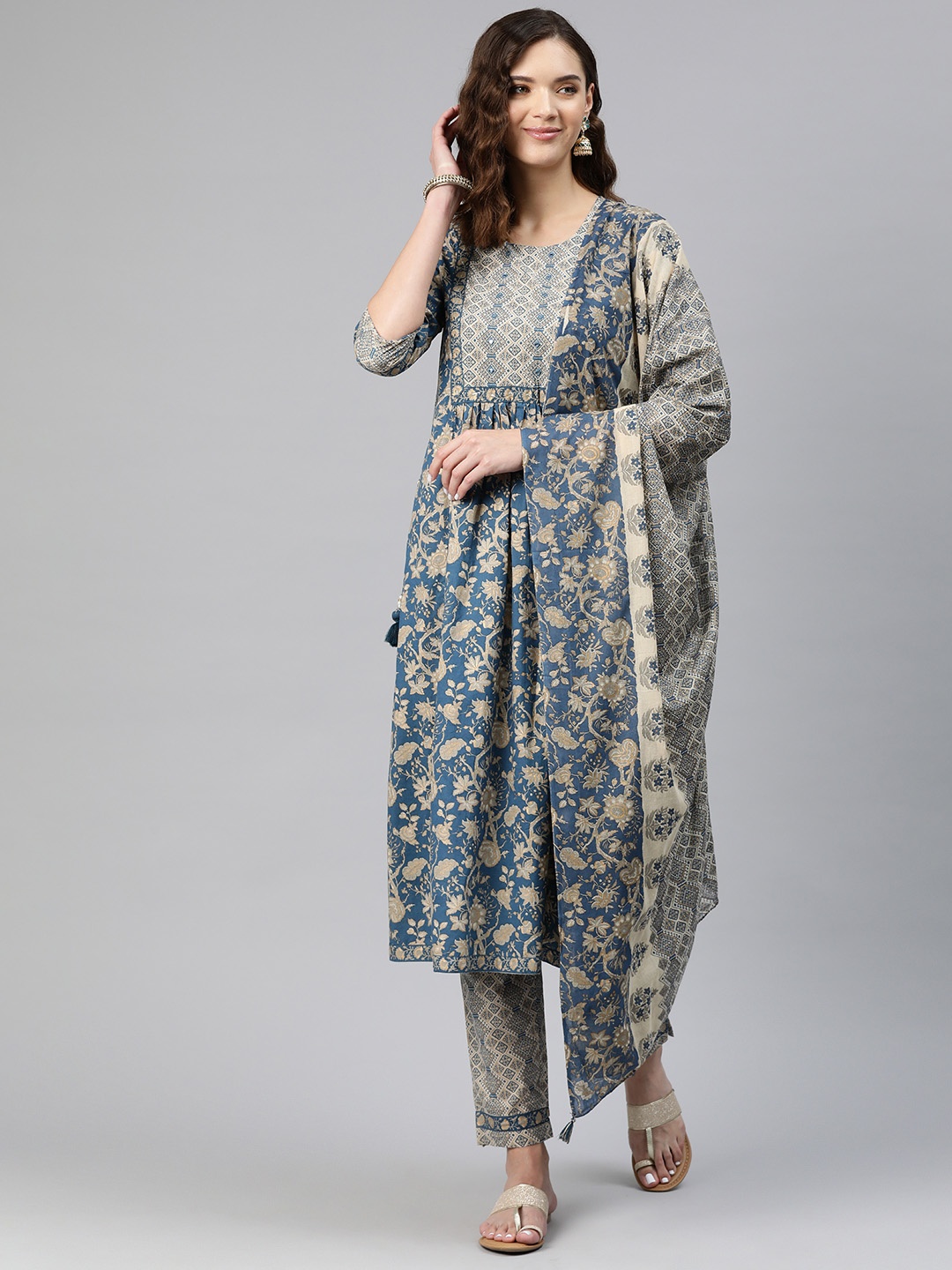 

Readiprint Fashions Women Floral Printed Mirror Work Kurta with Trousers & With Dupatta, Blue