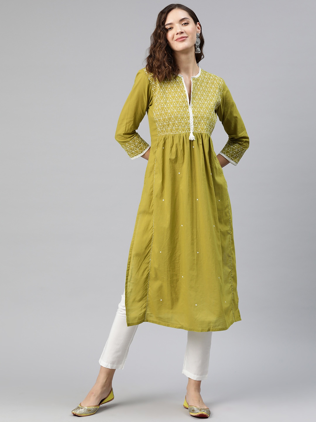 

Readiprint Women Yoke Design Sequinned Cotton Kurta, Olive