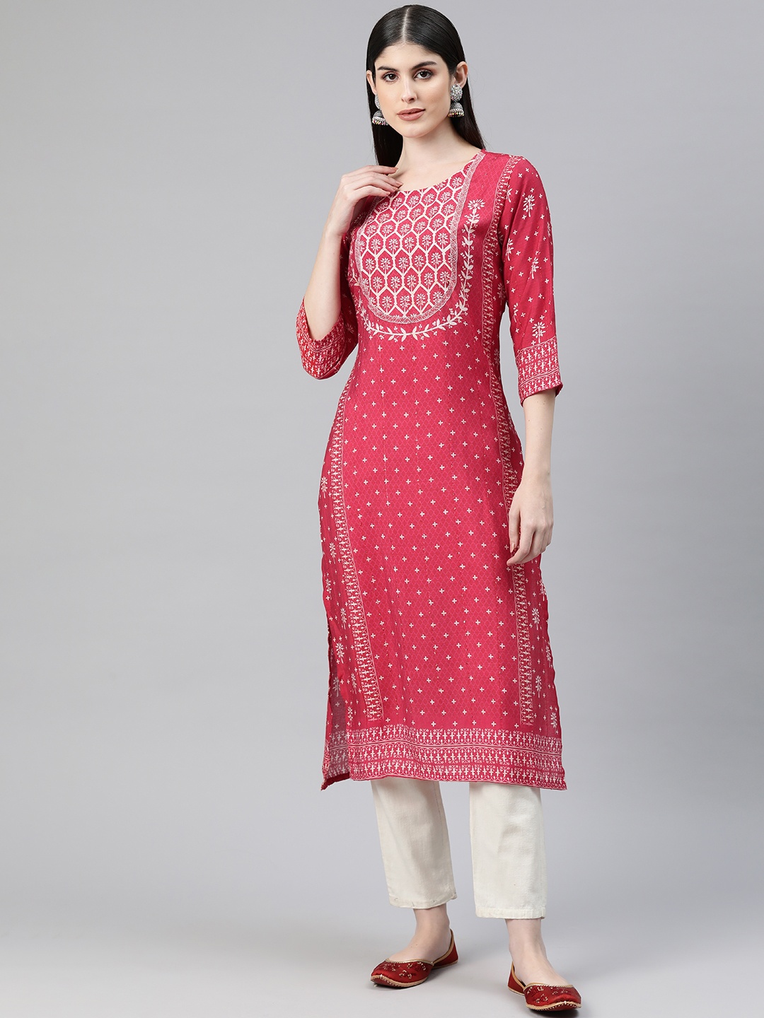 

Readiprint Women Floral Printed Sequinned Kurta, Red