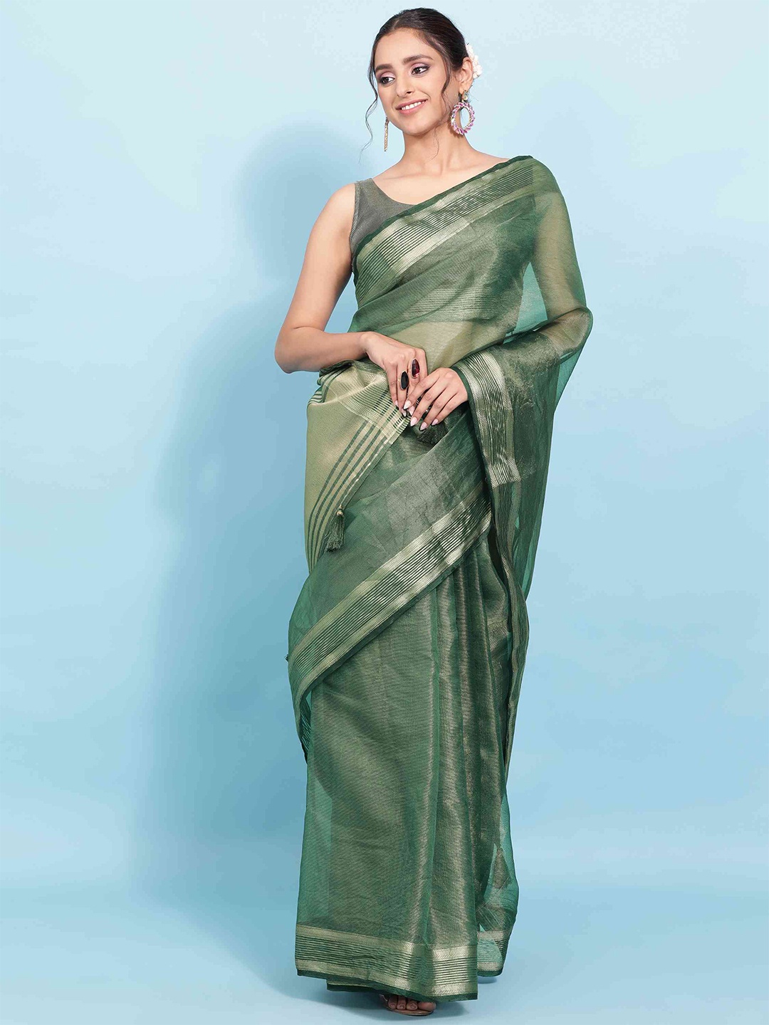 

elora Zari Organza Bhagalpuri Saree, Green